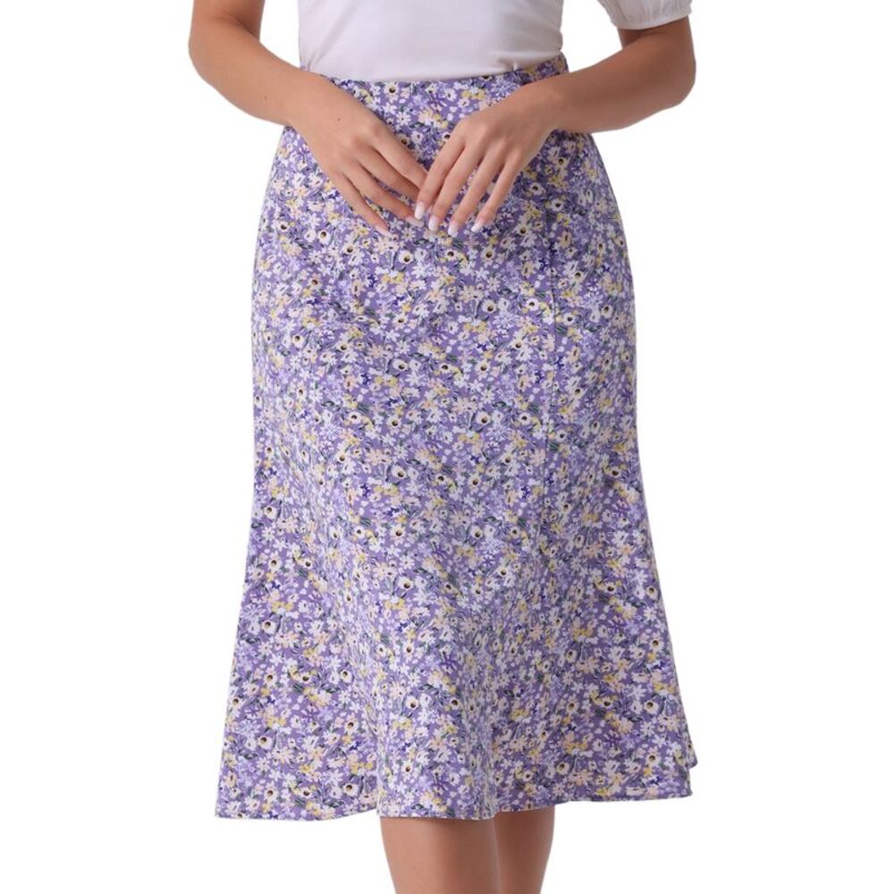 Floral Peasant Elastic Waist A-Line Leave Print Midi Skirt Purple